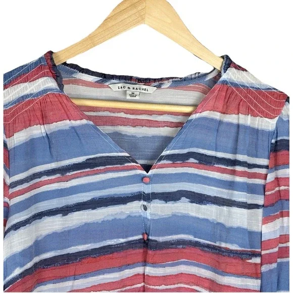 Zac & Rachel Womens Medium Top 3/4 Sleeve V-Neck Red/Blue Striped Pullover Light - Picture 2 of 6